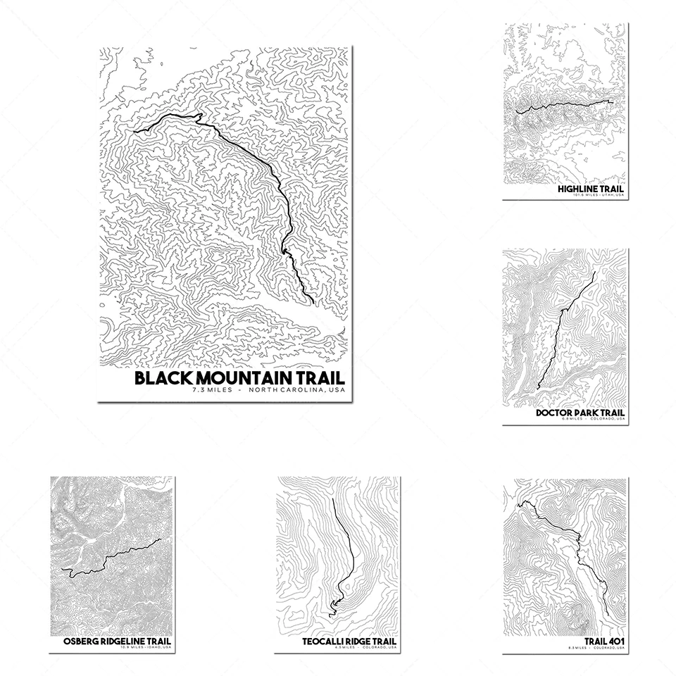 Printable mountain bike map, trail map, printable deformation map, minimalist art room wall decoration poster
