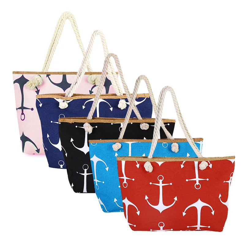 Women\'s Canvas Handbag Large Capacity Travel Shopping Anchor Print Casual Female Shoulder Beach Tote Bag Portable ECO 2021 New