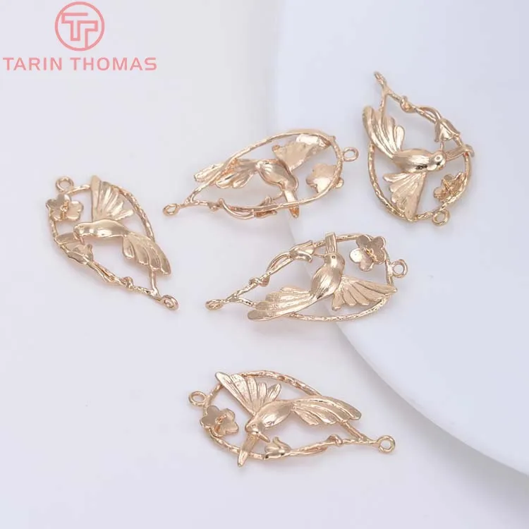 (1818)6PCS 35.5x20.5MM 24K Champagne Gold Color Plated Brass Hummingbird Connect Charms Pendants Diy Jewelry Accessories