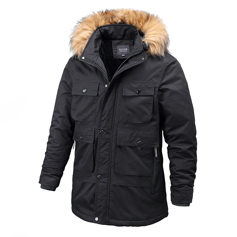 2023 homens inverno casual grosso quente algodão parkas outono à prova de vento do vintage qualidade jaqueta casacos gola de pele moda chapéu parka masculino