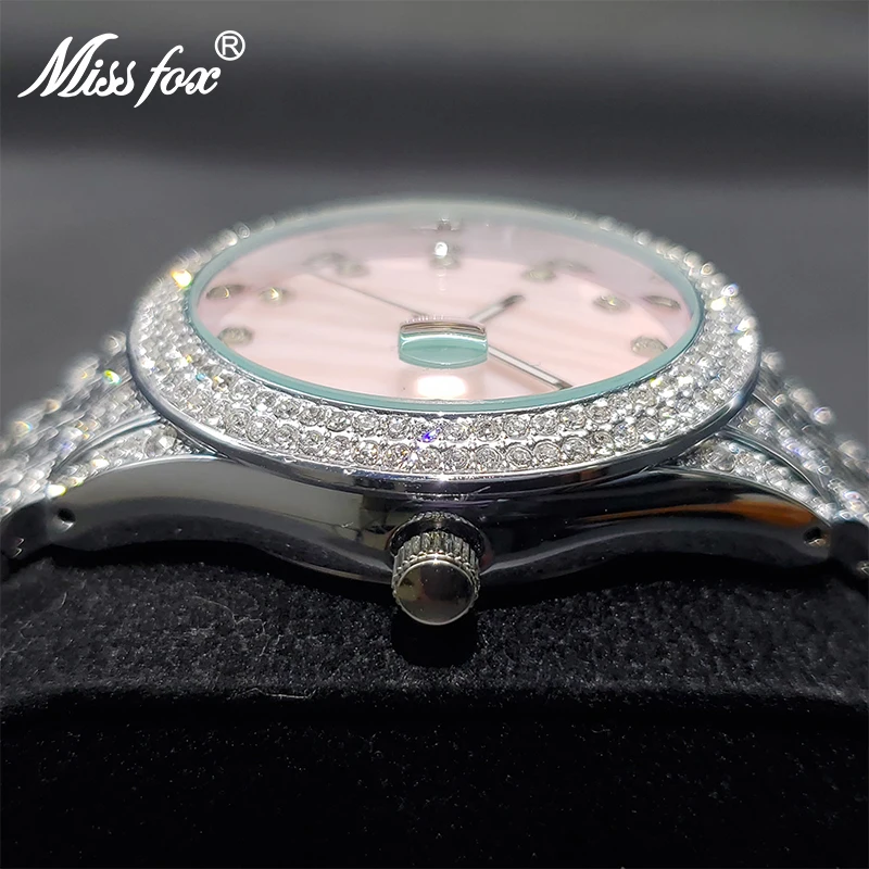 Missfox relógio de pulso de marca de luxo feminino, relógios de diamante com diferentes pérola rosa vestido e munhequeira, envio direto para casal