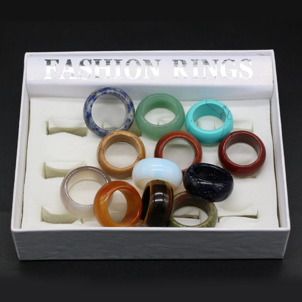 12PCS Natural Semi-precious Stone Mix-color Rings for Making Jewelry Gift for Women Inner Diameter 18mm 20mm