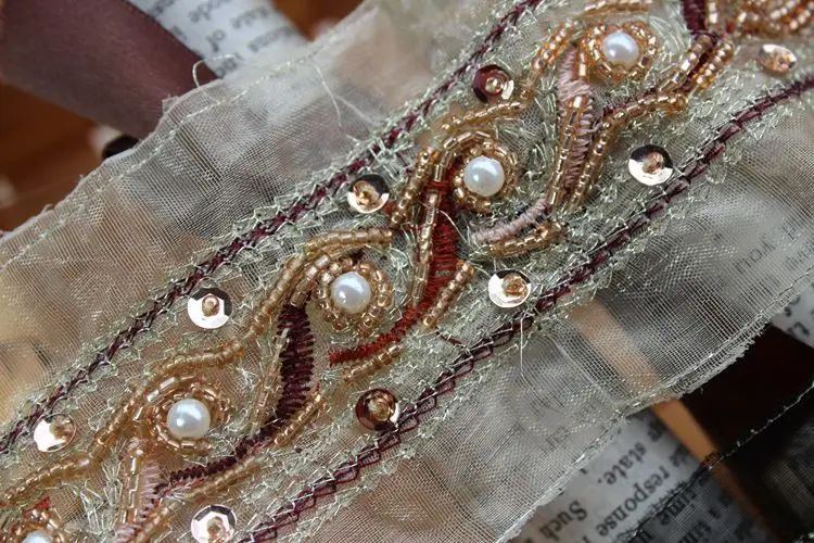 Wide 7CM national style European root yarn beaded lace trim clothing accessories DIY belt headwear Mesh Beaded Lace material