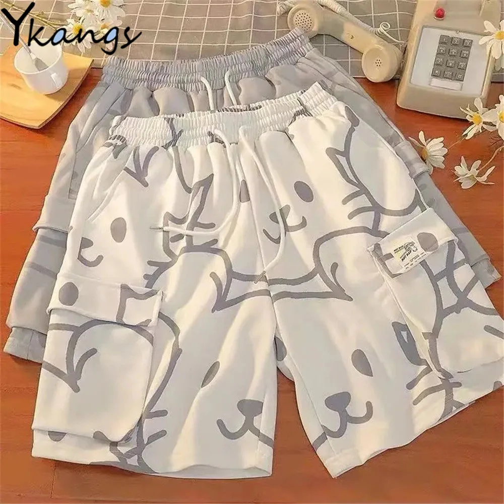 Women Cartoon Print Casual Kawaii Drawstring Elastic High Waist Sweat Shorts Harajuku Aesthetic Korean Biker Shorts Summer 2021