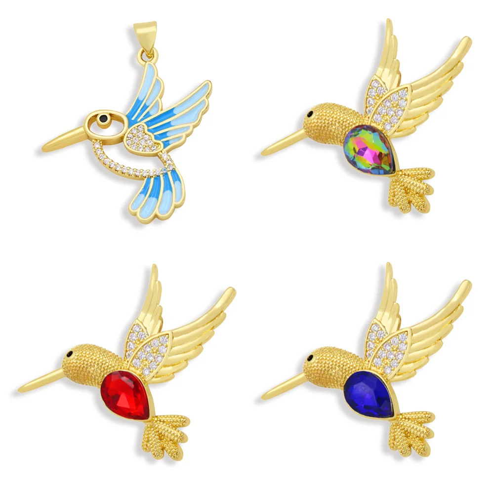 OCESRIO Gold Plated Large Bird Woodpecker Pendants for Necklace Making Copper Cubic Zirconia Jewelry Accessories pdta549