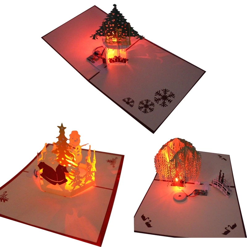 

Christmas 3D Pop Up Greeting Cards LED Light Music Card With Envelope Postcards For Christmas Gift Decoration