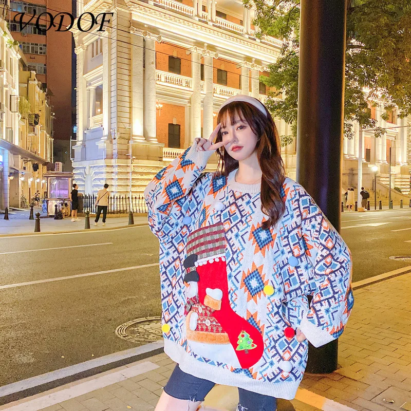 Simplee Christmas cartoon pattern cute long sweater women Fashion long sleev red white sweater dress Autumn winter pullover 2021