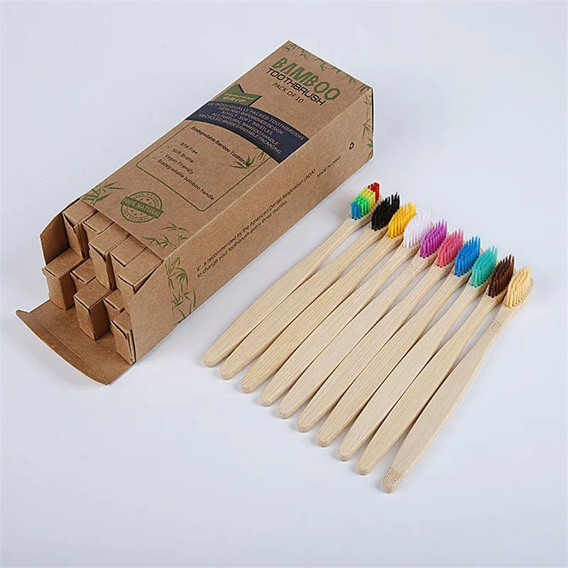 10pcs/pack Toothbrush Eco Friendly Bamboo Handle Soft bristles biodegradable Environmentally Portable Travel Tooth Brush Set