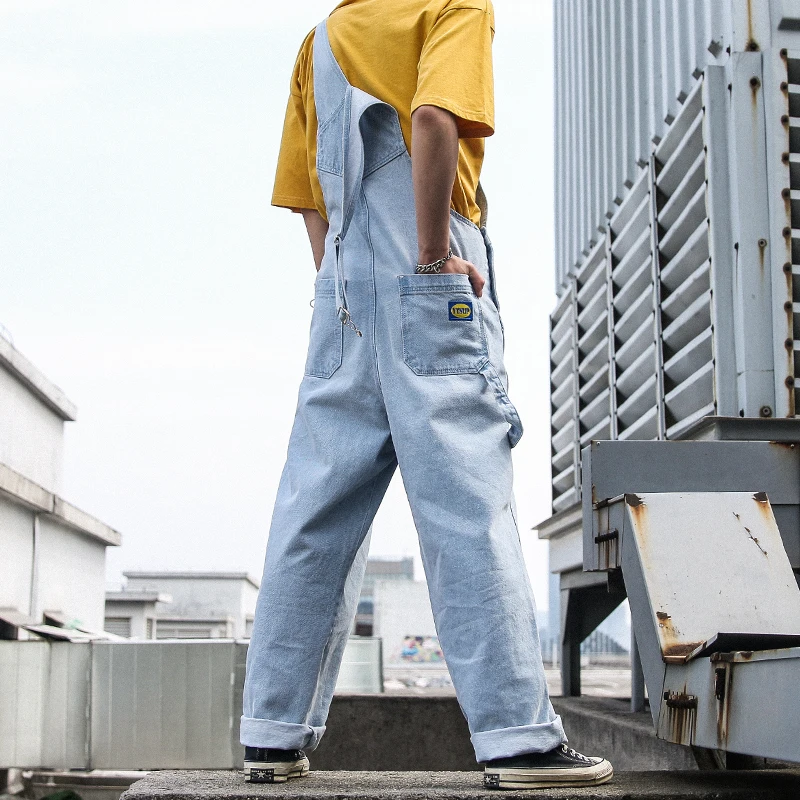2021 Spring Denim Rompers Overalls Men Bib Jumpsuit Single Cargo Fashion Casual Pants Big Pocket Light Blue Trousers