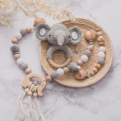 1set Baby Toys Wood Pram Clip Crochet Elephant Dummy Soother Chain Clip Animal Teething Bracelet Crib Mobile Stroller Toys Gifts