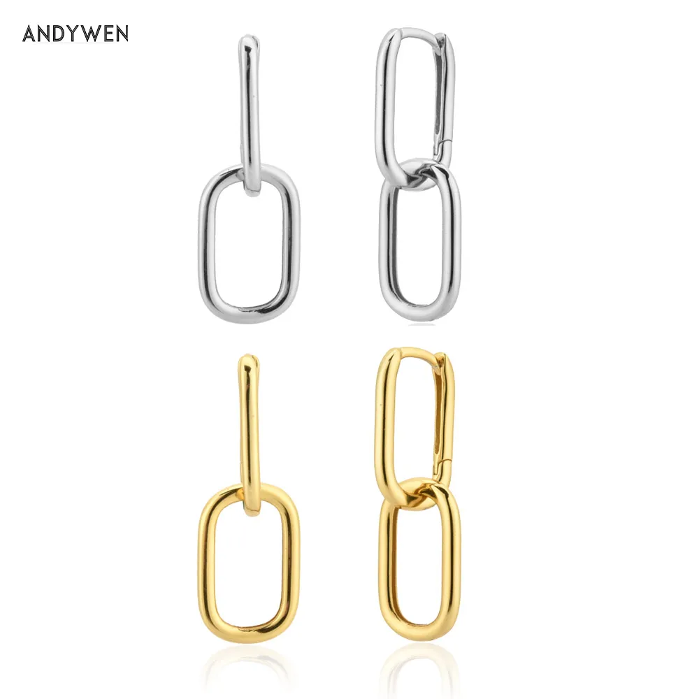 ANDYWEN 925 Sterling Silver 2020 Circle Chain Drop Earring Wedding Fashion Plain Simple 2 Circle Wedding Jewelry Clips