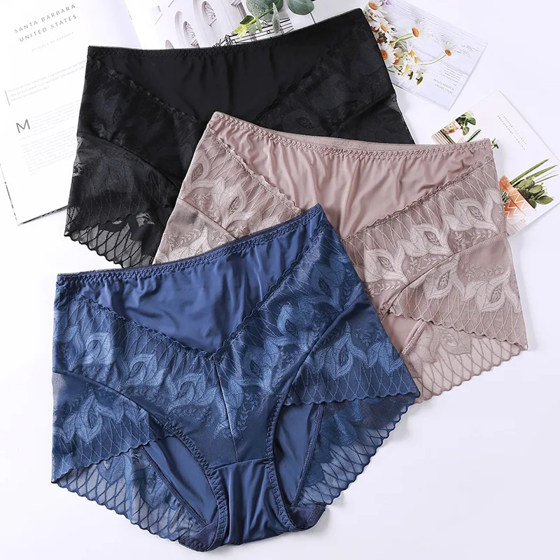 Sexy Transparent Lace Plus Size Panties High Waist Thin Satin Breathable Lingerie Ladies Seamless Ice Silk Underwear Briefs 105