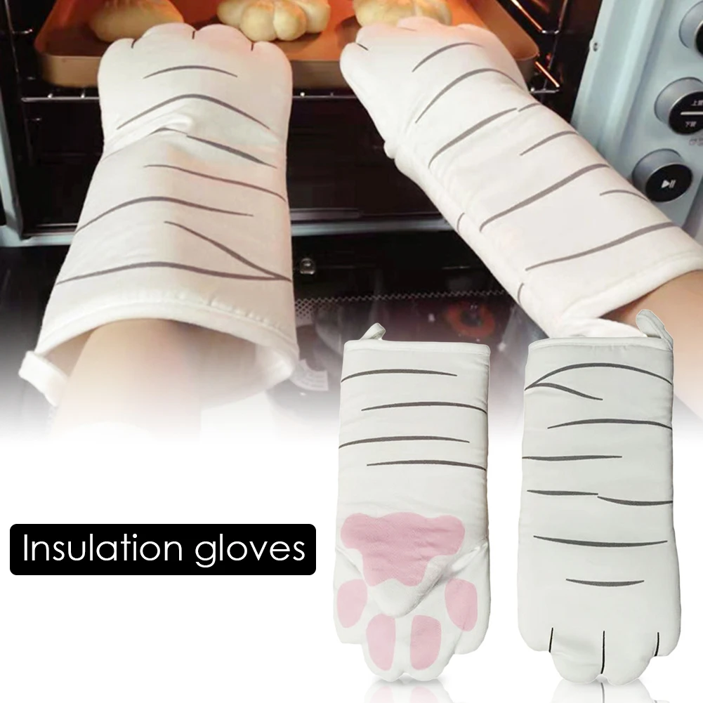 3D Cat Paw Cotton Oven Gloves Long Professional Heat Resistant Non-slip Gloves Cotton Baking Insulation Gloves BBQ Grilling Tool