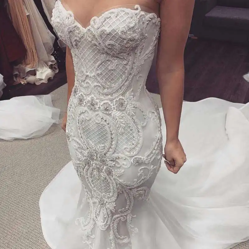 Vestido de noiva estilo sereia., vestido de casamento sem mangas bordado com costas nuas