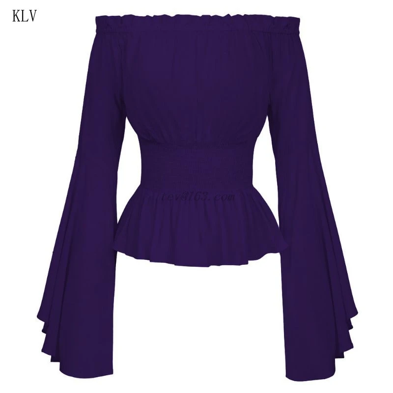 Womens Gothic Renaissance Blouse Flare Sleeves Ruffles Off Shoulder Corset Tops Victorian Cosplay Costume Pirate Shirt