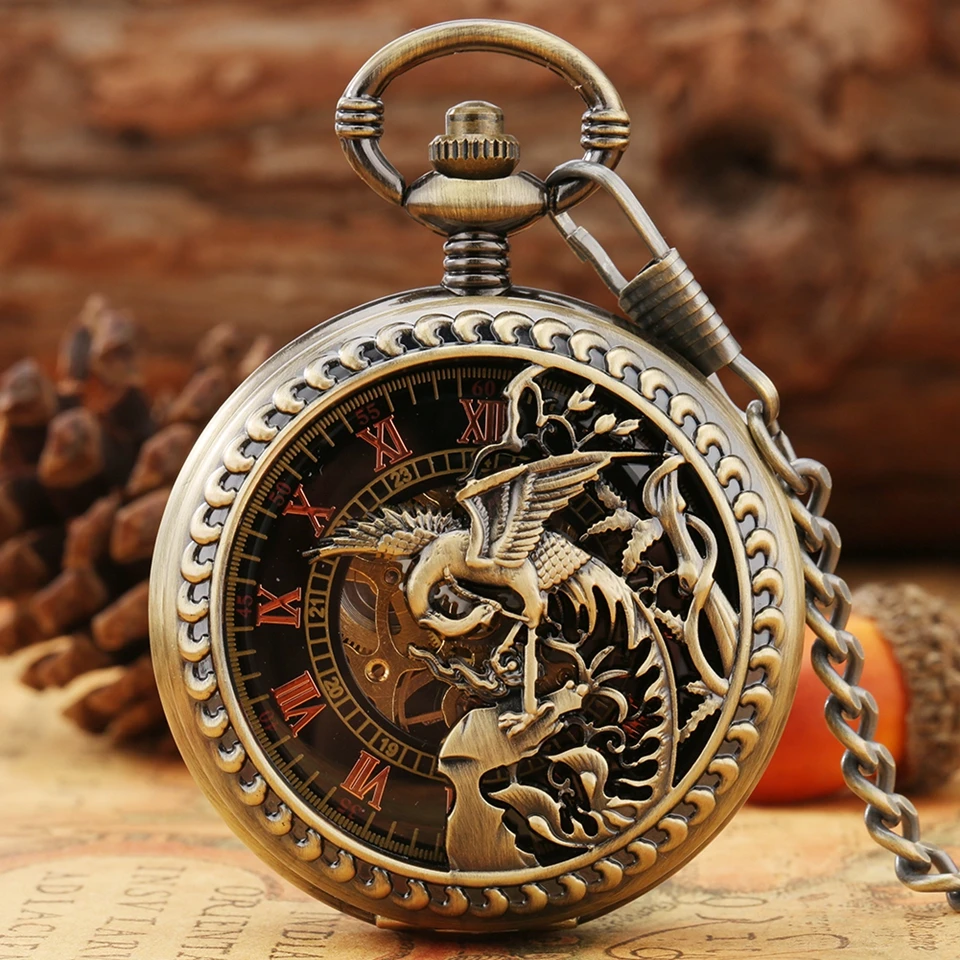 

Retro Bronze Phoenix Carving Hollow Cover Double Open Case Pocket Watch Mechanical Hand Winding FOB Chain Watch for Men Women