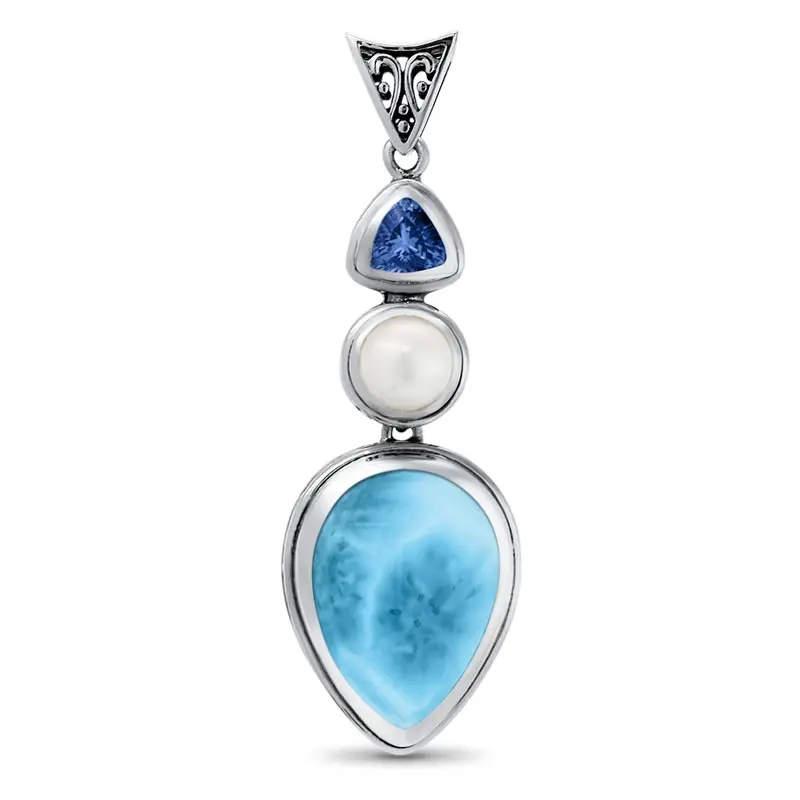 High Quality 925 Sterling Silver Natural Larimar & Pear Women's Long Drop Necklace Pendant For Gift