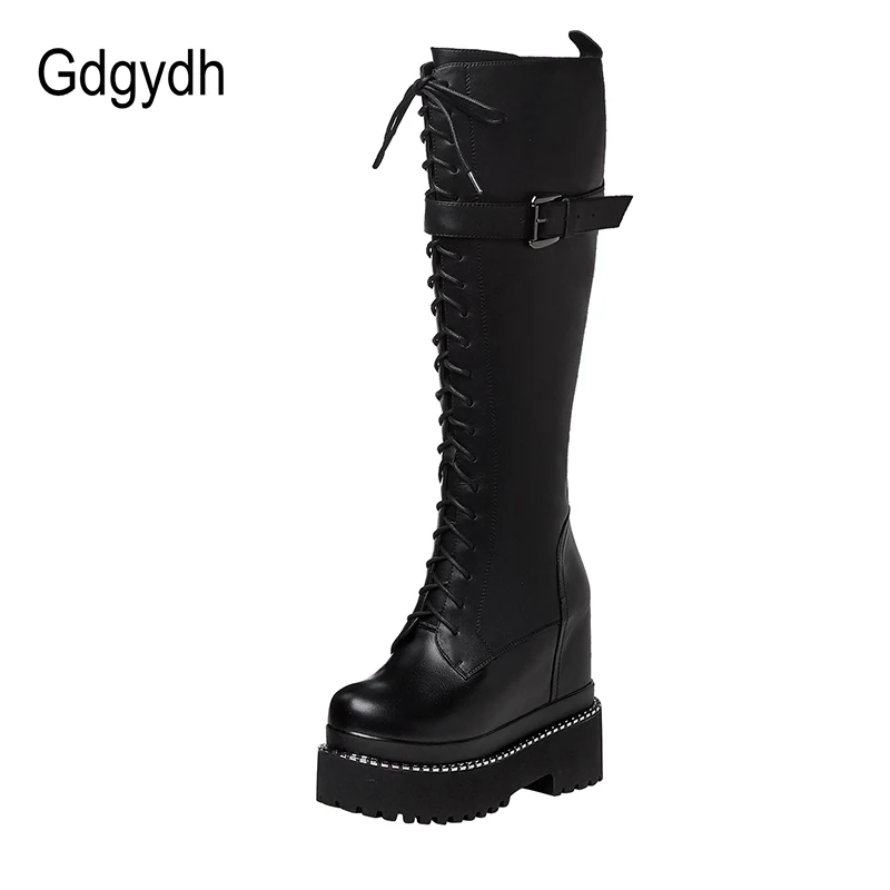 Gdgydh Fashion Lace-up Knee High Platform Boots Goth Black Metal Decoration Women Boots With Zipper Wedges Heel Drop Shipping