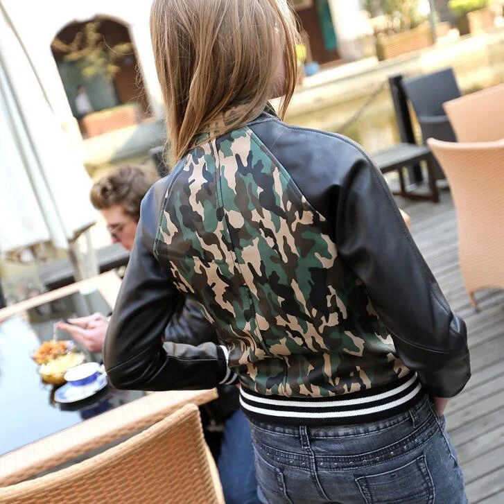 Echt Lederen Jas Echte Schapenvacht Dames Lange Mouw Bomber Lente Herfst Casual Camouflage Jas Militaire Army Slim Fit Tops