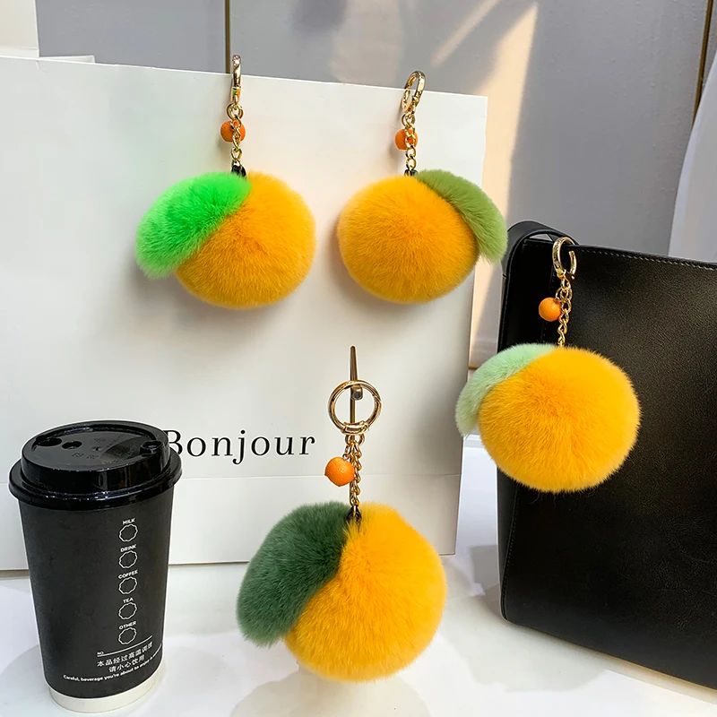 Fluffy Rex Rabbit fur keychain Cute Plush Sweet Tangerine Women\'s  Bag Toys Trinket orange Pendant Upscale metal Car Key Ring