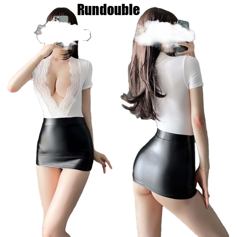 

Сексуальный ночной клуб черная белая кожаная короткая юбка офисный секретарь костюм для учеников Женский комплект эротический Глубокий V-образный вырез Косплей униформа