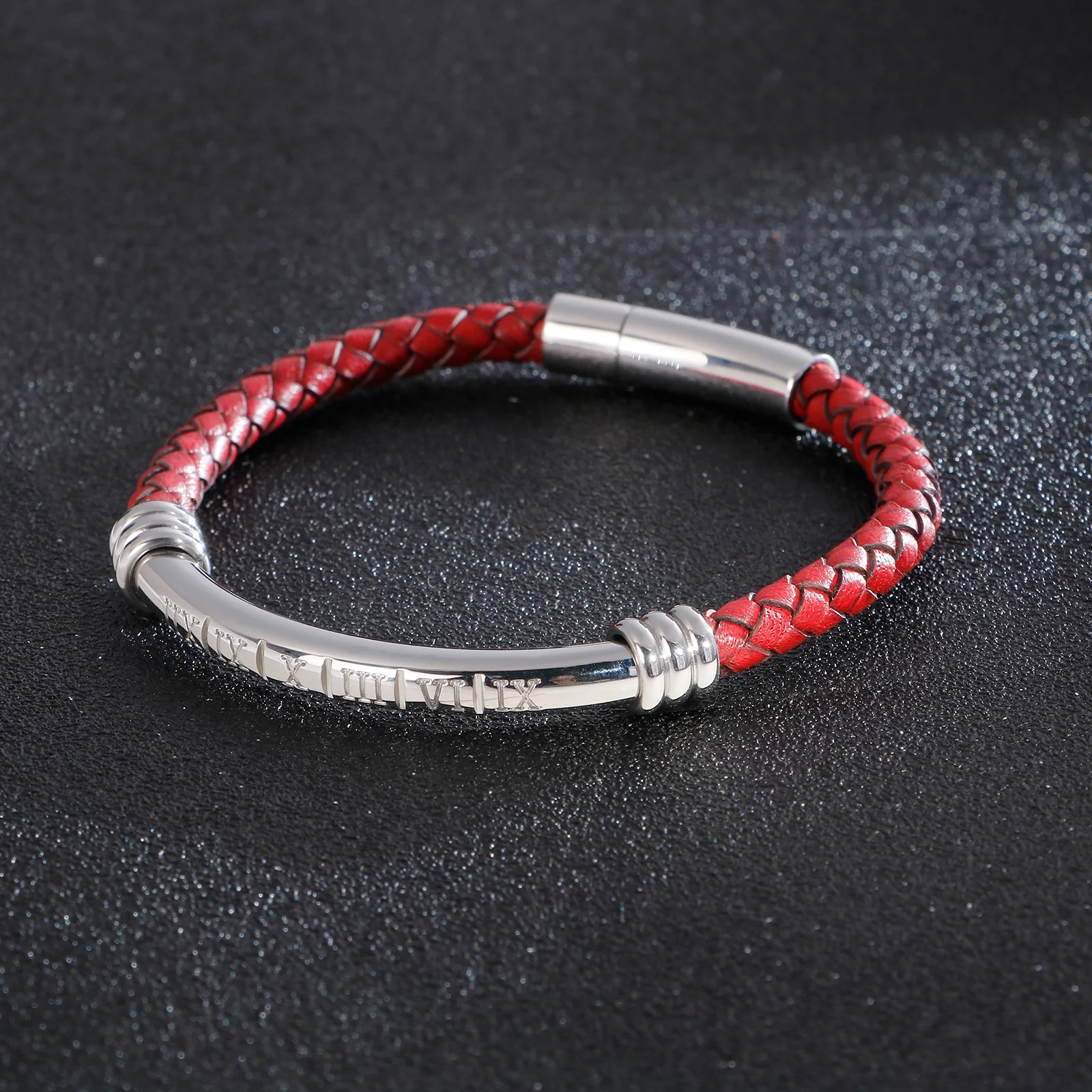 HaoYi Multicolor Roman Numeral Bracelet Fashion Leather Woven Stainless Steel Punk Men Jewelry