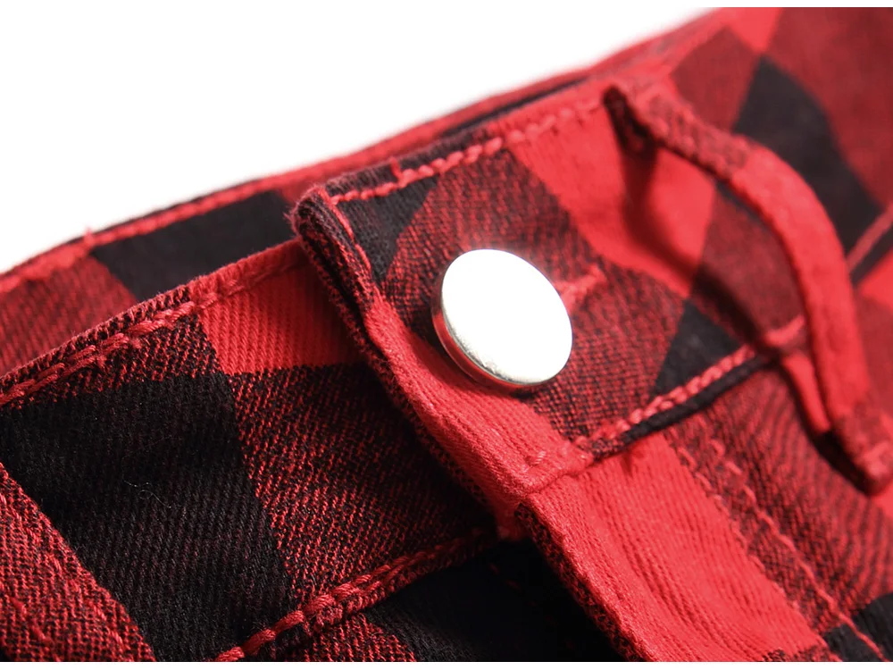 Herren Rote Karierte Bedruckte Hose Modische Slim-Fit Stretch-Jeans Trendige Übergrößen Gerade Hose – Detail 6