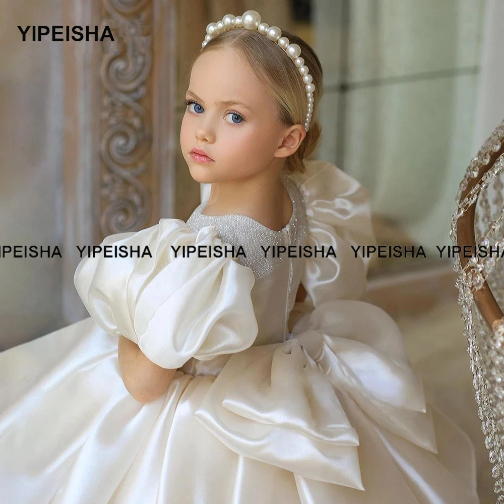 Yipeisha Puffy เจ้าหญิงดอกไม้สาวชุดสีขาวงาช้างสีชมพู Baby First Communion Gown ชุดมินิเด็กวันเกิดปาร์ตี้2021