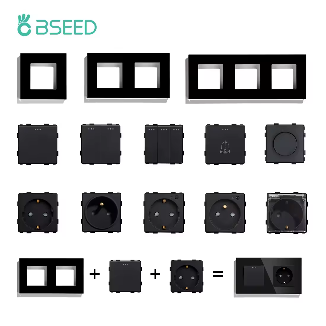 BSEED EU Standard 1/2/3Gang 1/2Way Push Button Switch Function Part Wall Glass Frame Power Sockets Light Switch DIY Parts Only