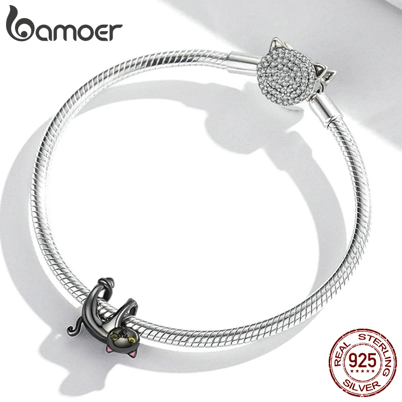 bamoer 925 Sterling Silver Cartoon Black Cat Charm Beads Fit Orignal Bracelet & Bangle Pet Pendant DIY Making Gift Fine Jewelry