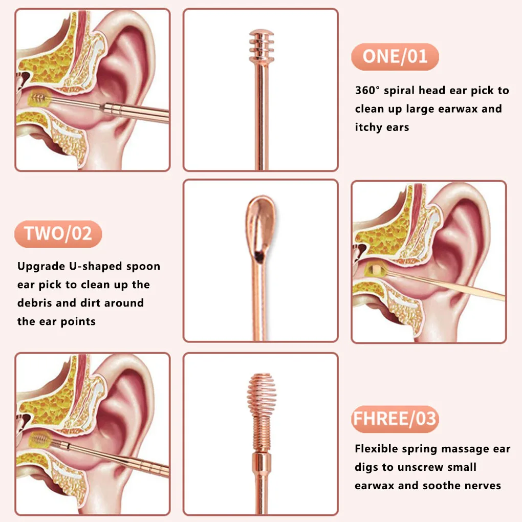 6Pcs Set Earpick Stainless Steel Ear Wax Removal Tool Portable Ear Pick Remover Kit Home Care Supplies Zorg oor Clean Tool