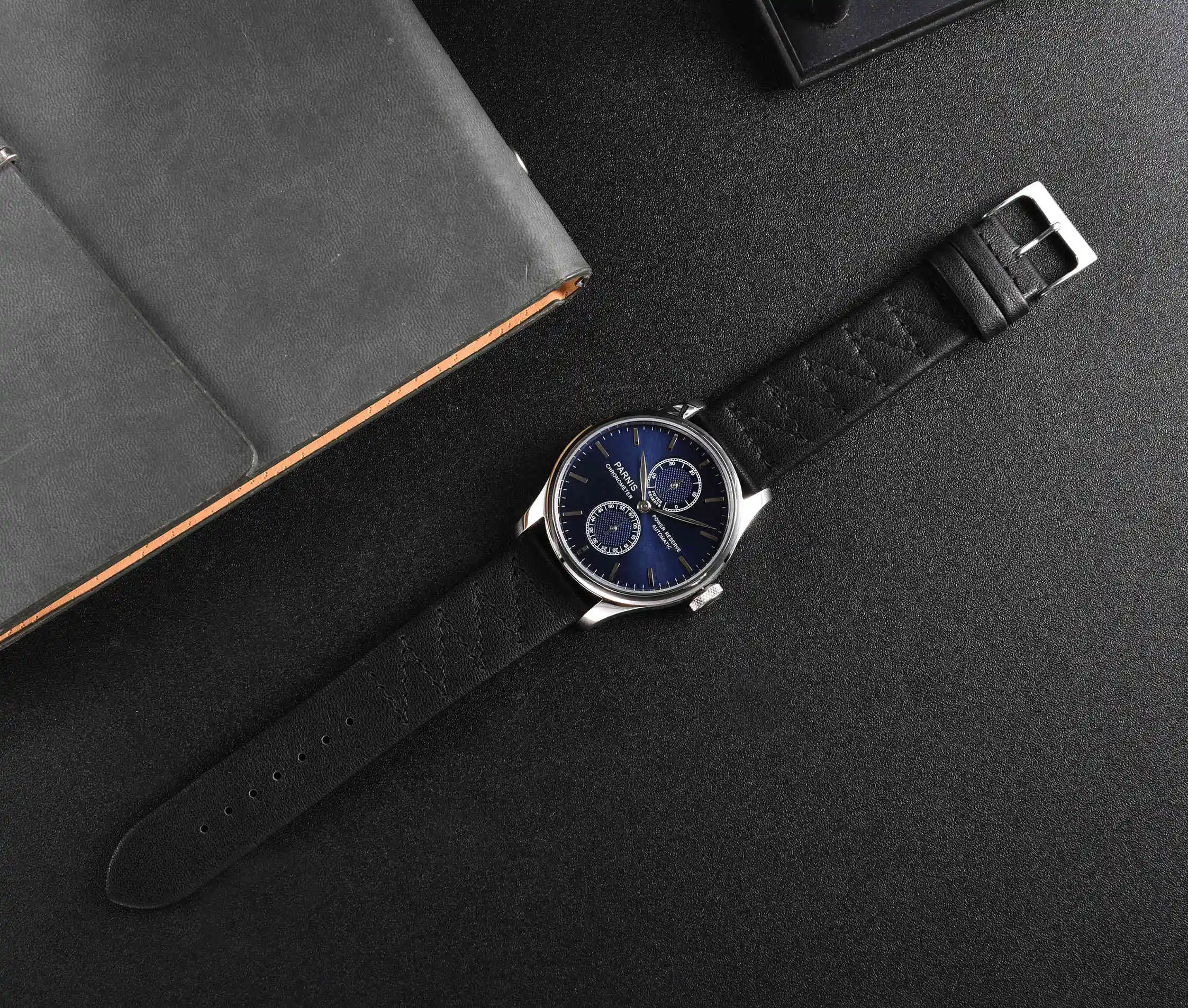 Parnis 43mm Stainless case Blue Dial Automatic Mechanical Mens Watch Luxury Brand Fashion Power Reserve Waterproof Wristwatch