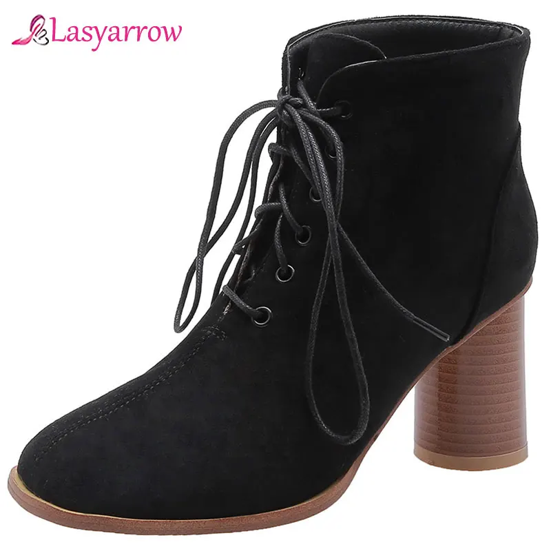 

Lasyarrow Women's 2019 dropship ankle boots women shoes woman shoelaces add fur chunky high heel concise shoes woman boots J1052