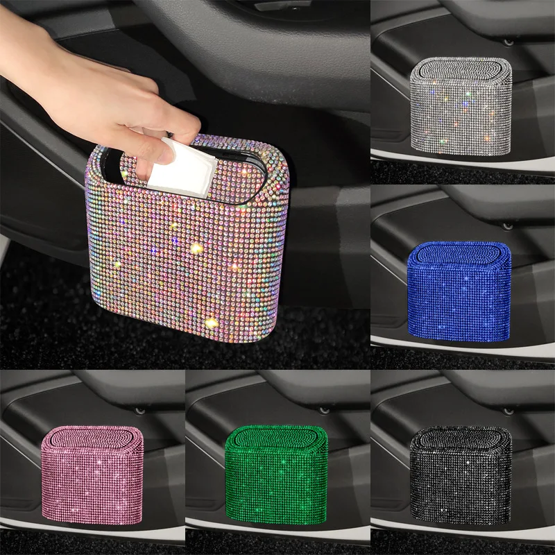 Car Rhinestone Trash Can Convenient Storage Bucket Tissue Phone Bin Garbage Box for Car Garbage Can with Lid Car Accessories