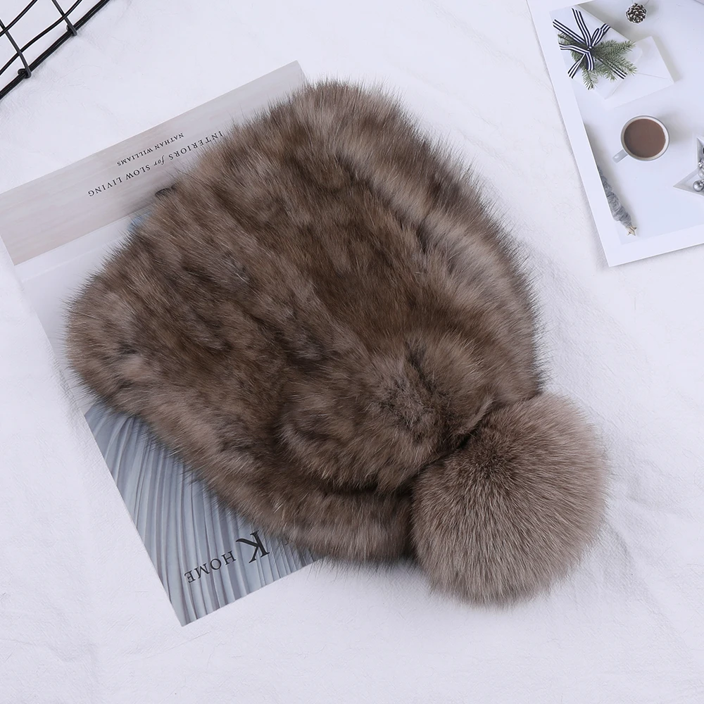 Highend Women\'s Winter Knitted 100% Real Sable Fur hat Fur Beanie Russian Mink Fur Cap With Fox Fur Pom Poms Female Warm Thick