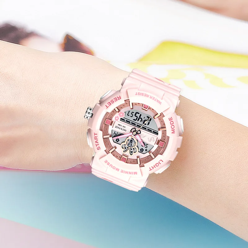 Disney Minnie Mouse Woman Sport Dual Display Wristwatch MultiFunction Stop Watch Waterproof Youth Lady Student Girl Led Luminous