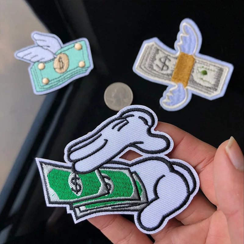 1PCS Cartoon USD Funny Money Coming Patches DIY Fly Dollars Patch Iron On Patches Embroidered Stickers For Clothes Patches