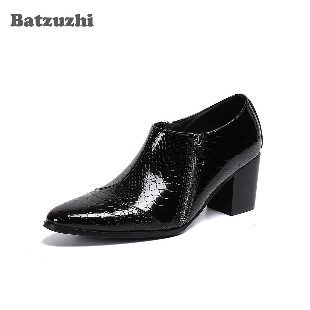 

Batzuzhi 6.8cm High Heel Black Leather Dress Shoes Men Pointed Toe Zip Men's Leather Shoes Designer's Zapatos Hombre Party,38-46