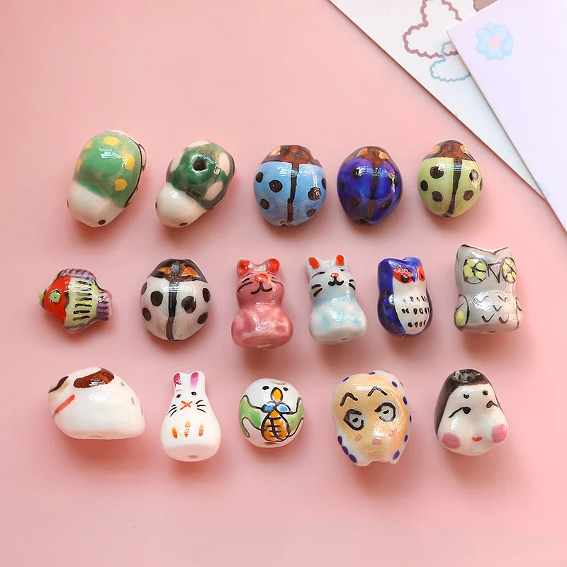 5PCS Cartoon Hand-painted Wind Cute Ladybug Owl Head Ceramic Beads Diy Handmade Jewelry Earrings Pendant Accessories