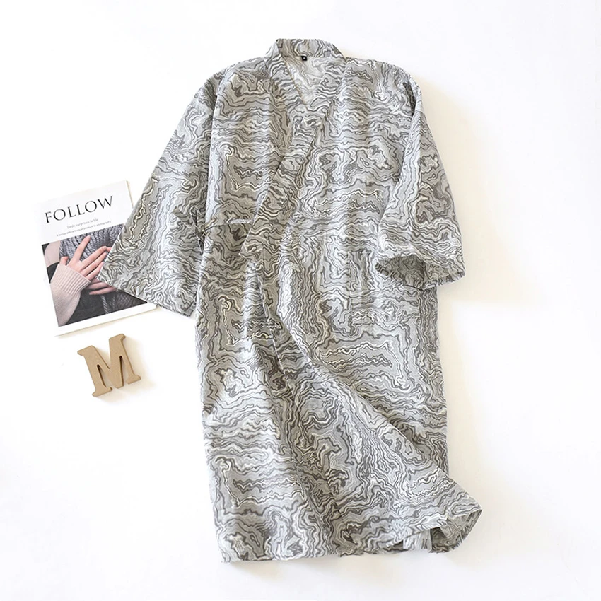 Japanese Yukata Sleepwear Breathable Dressing Men Kimono Bathing Robe Cotton Sauna Nightwear Pajamas Wave Print Vintage