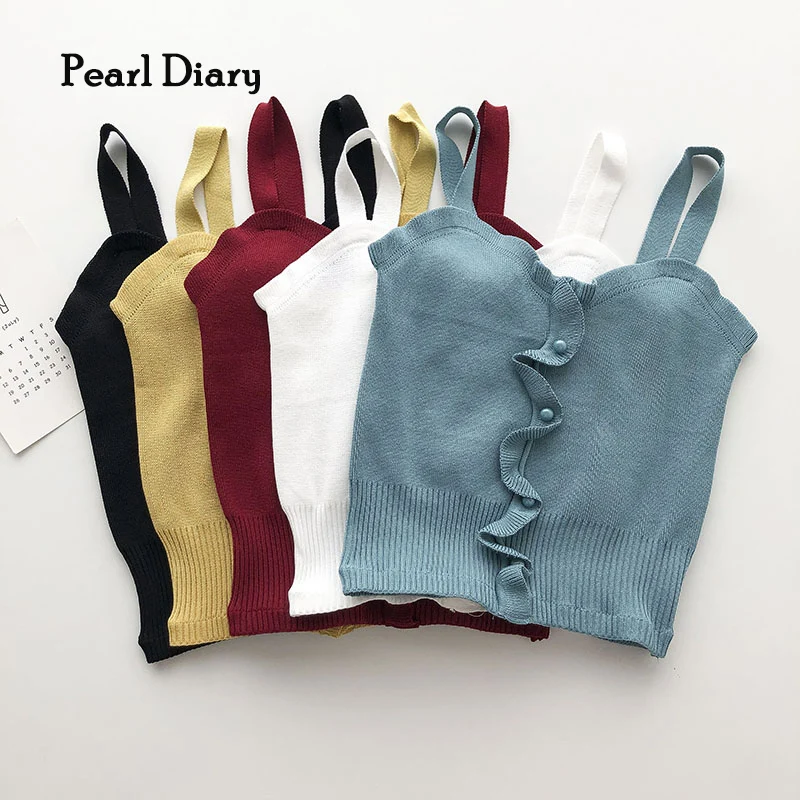 

Pearl Diary Women Knitting Tops Summer Ladies Solid Color Ruffles Buttons Front Sweetheart Neck Casual Going Out Crop Tops