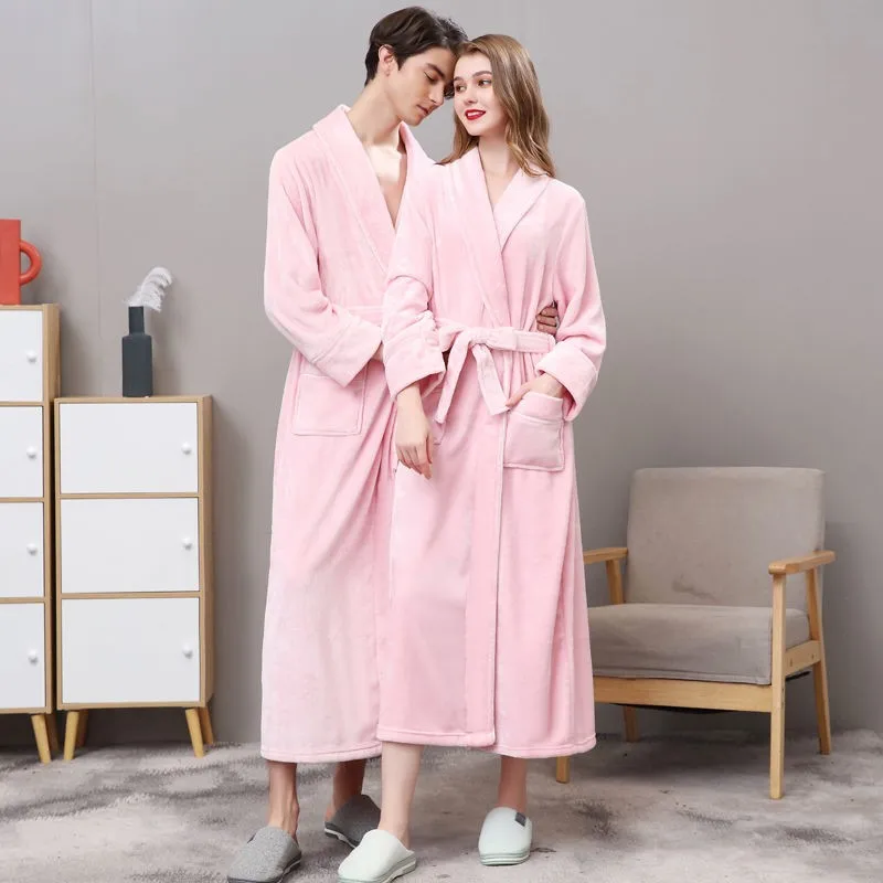 Men Plus Size 3XL Flannel Kimono Bath Gown Ultra Long Large Robe Coral Fleece Nightgown Lovers Couple Thick Warm Sleepwear MR001