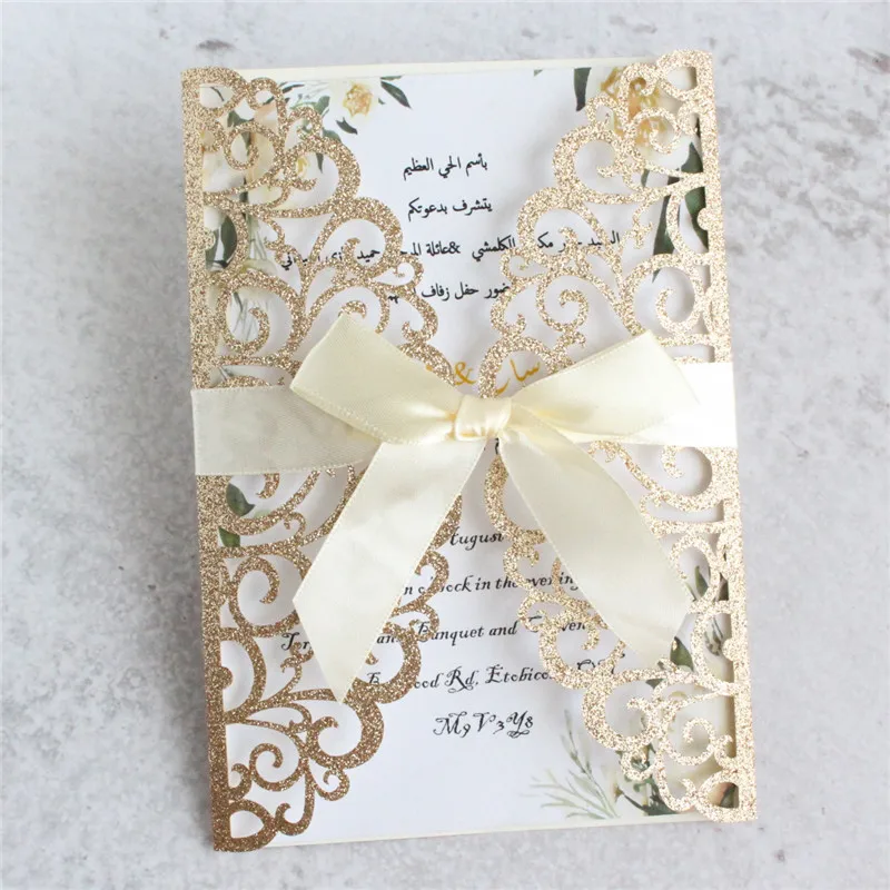 Glittery laser cut wedding invitations marriage lace rose gold wedding cards ribbon decorated