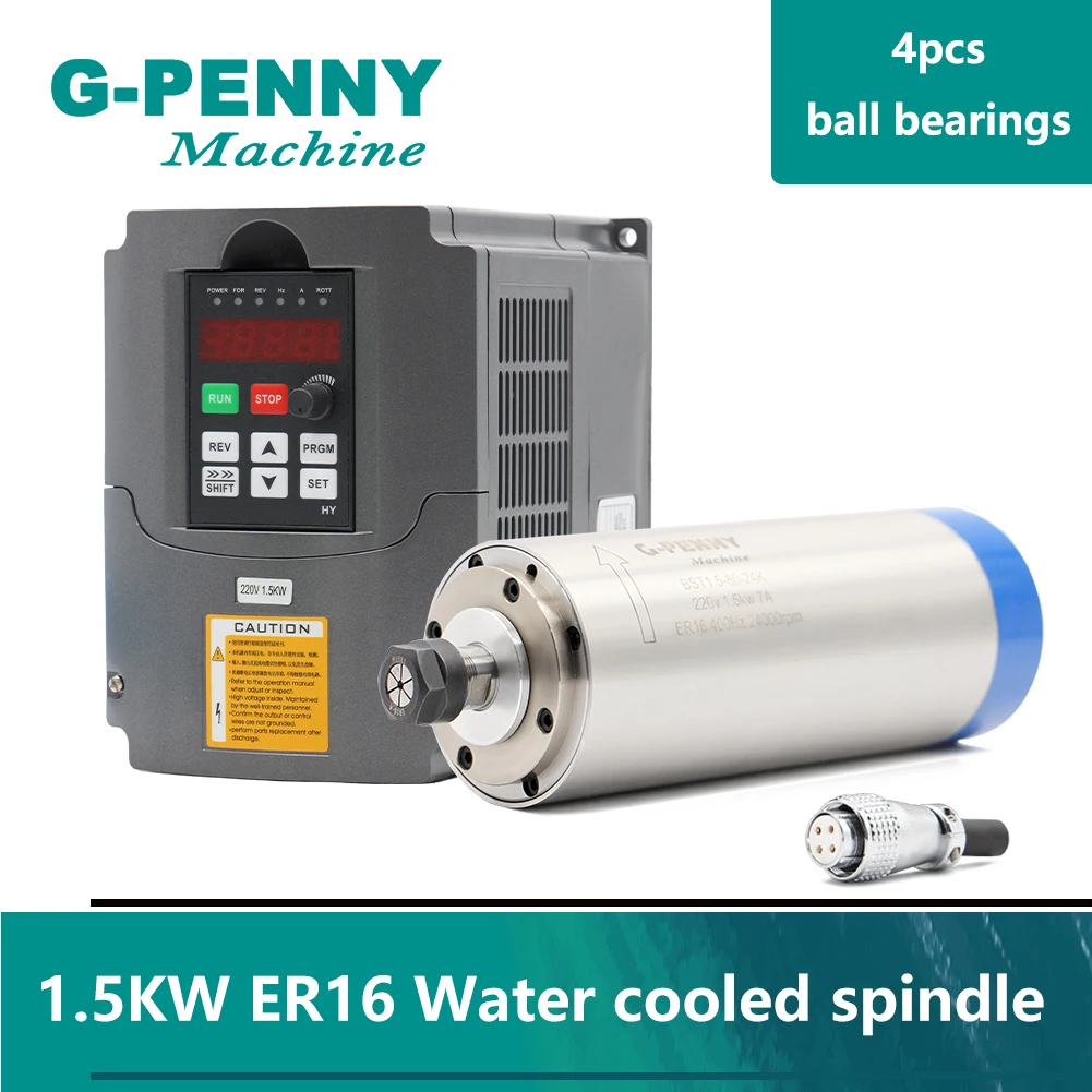 Lengthening Type 220v 1.5kw ER16 Water Cooled Spindle Motor 80X220mm 4 pcs ball bearings & 1.5kw Huanyang  VFD/ Inverter