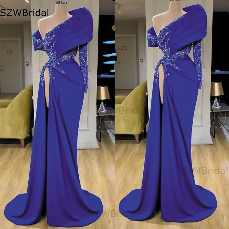 Vestidos de noche de manga larga hechos a medida, vestido de noche árabe de Dubái azul real 2025, vestido de noche con apliques de encaje para fiesta nocturna para mujer