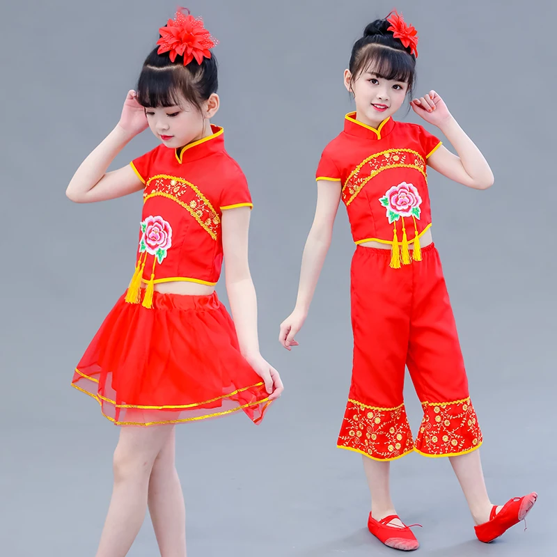 Children\'s Yangko dance Chinese costume  Chinese dream girl child dance costume Chinese red performance costume dance costume