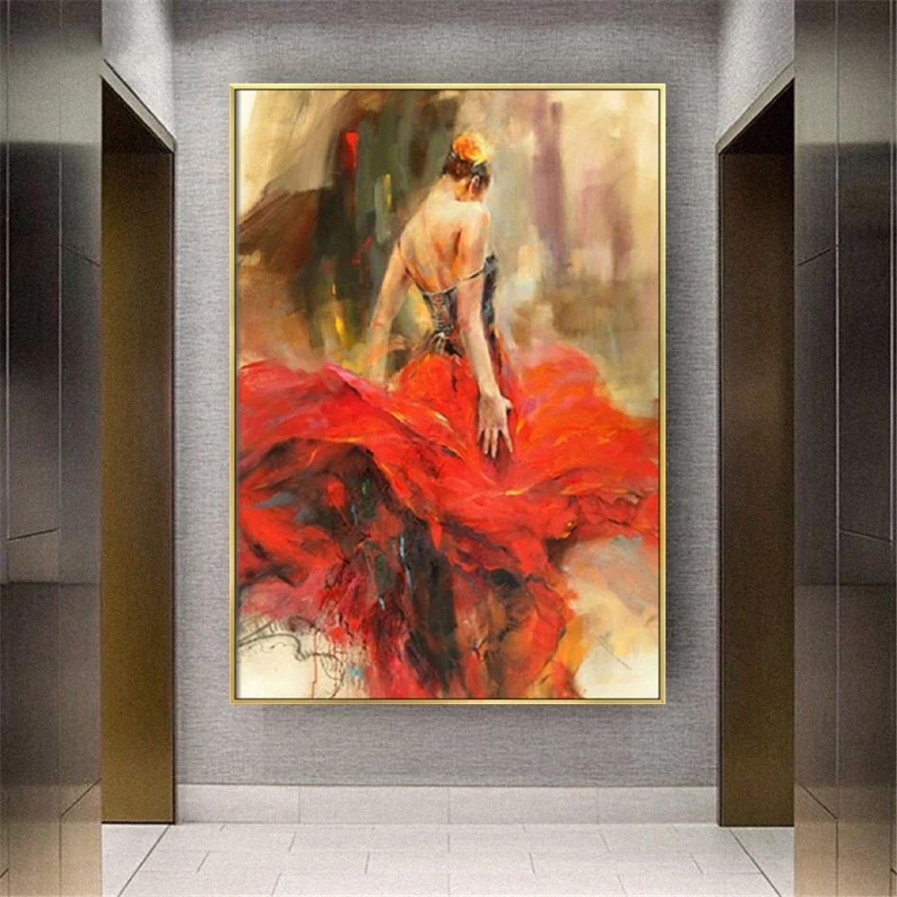 Artist Hand-Painted Spanish Dancer Oil Paintings Red Flamenco Woman Canvas Painting Tango Latin Lady Wall Picture Bedroom Decor