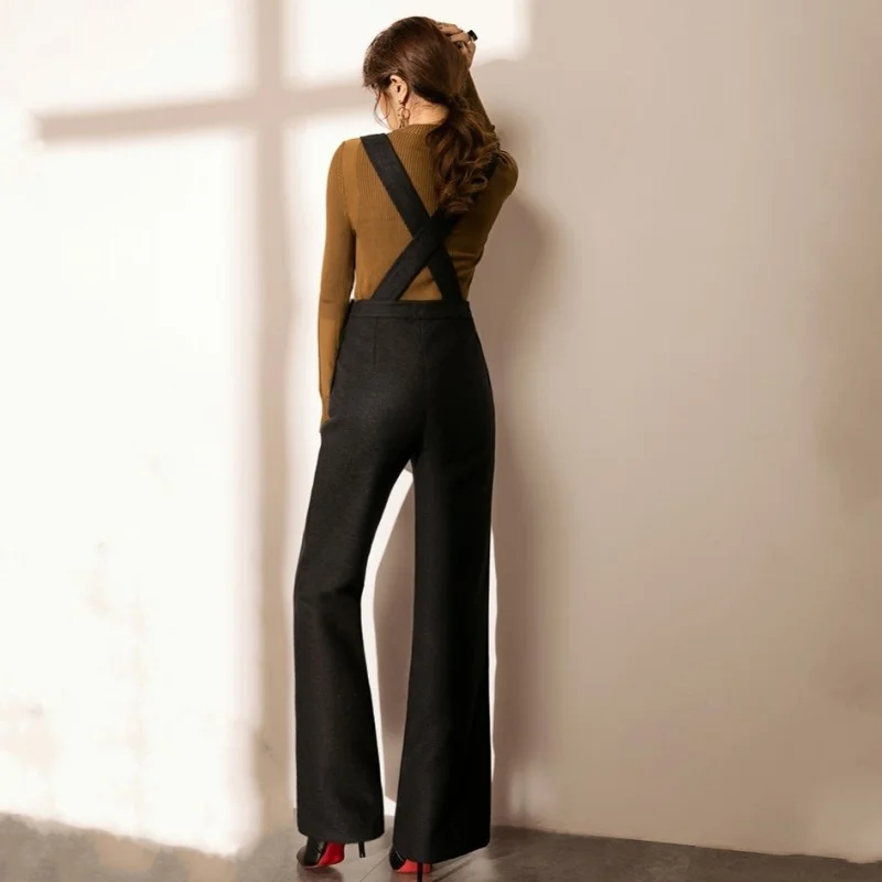 Autumn New Winter Women Slim Fit High Waist Strap Jumpsuits Office Ladies Wide Leg Pants Flannel Rompers Fashion Female Overalls