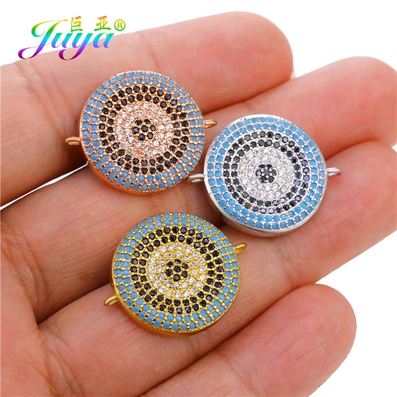 Juya Handmade Micro Pave Colorful Zircon Greek Evil Eye Charms Connector Accessories For Women Men DIY Fashion Bracelets Making