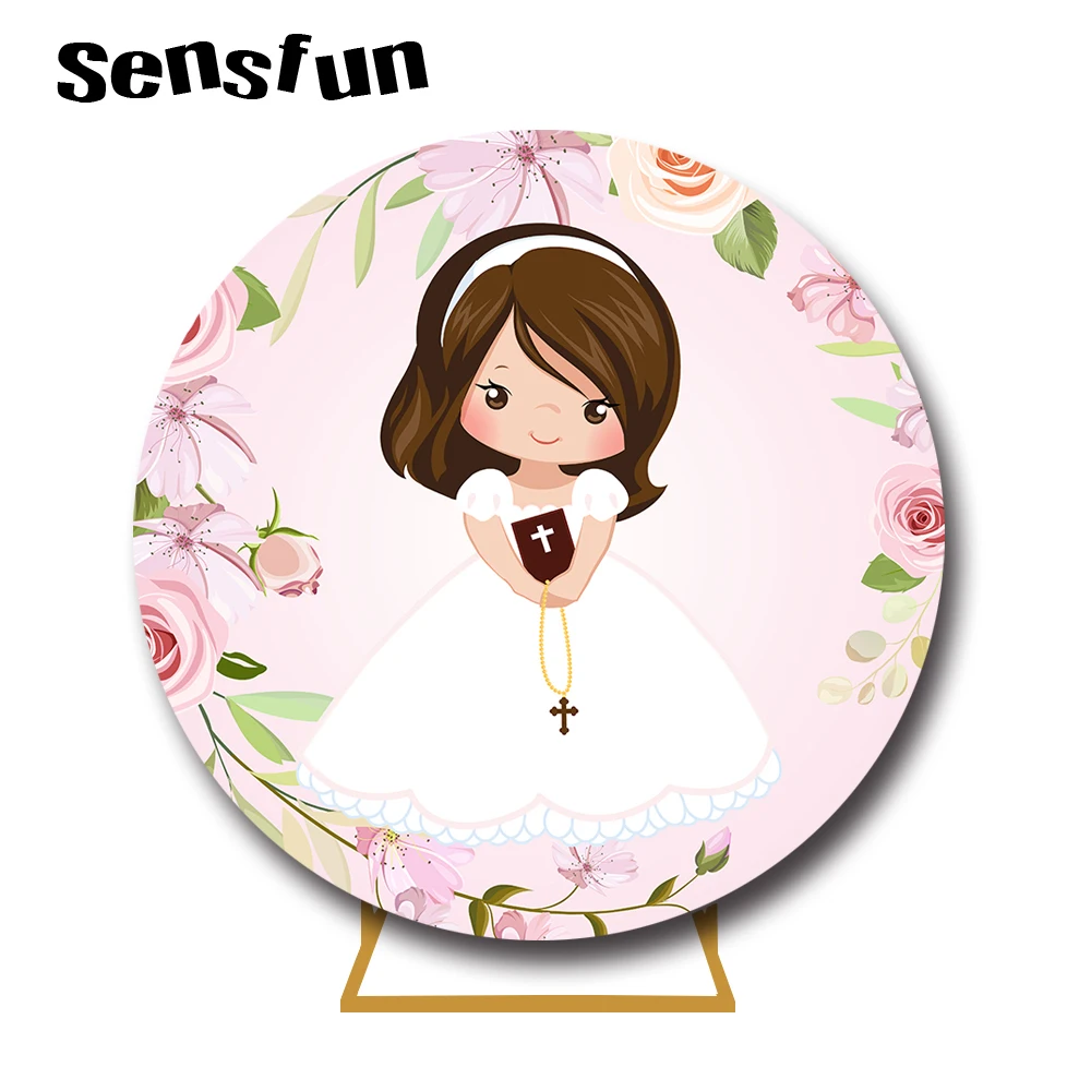 Fondo redondo de Primera Comunión para niños, telón de fondo para fiesta de primer cumpleaños, Cruz de flores rosas, bautismo, Niña